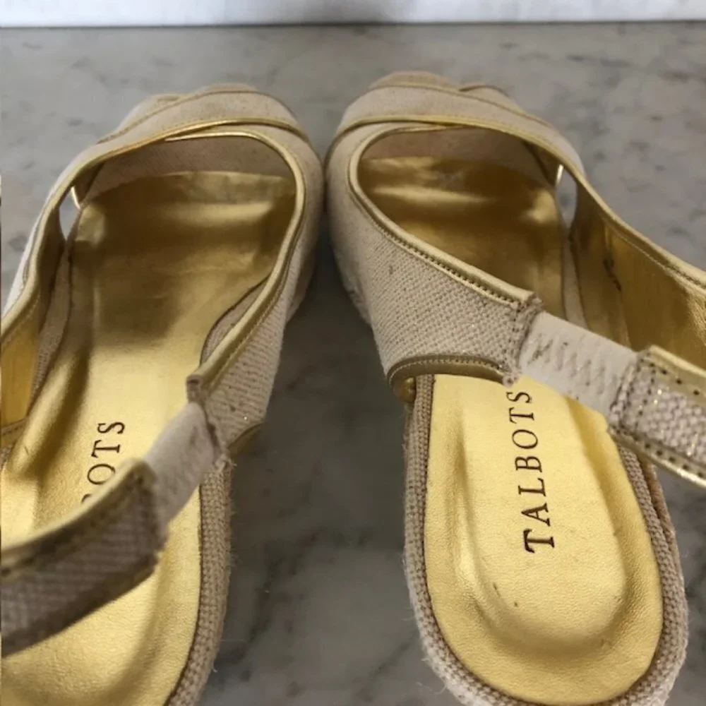 TALBOTS Linen Gold Cross Toe Jute Slingback Wedge Sandals 9 1/2M